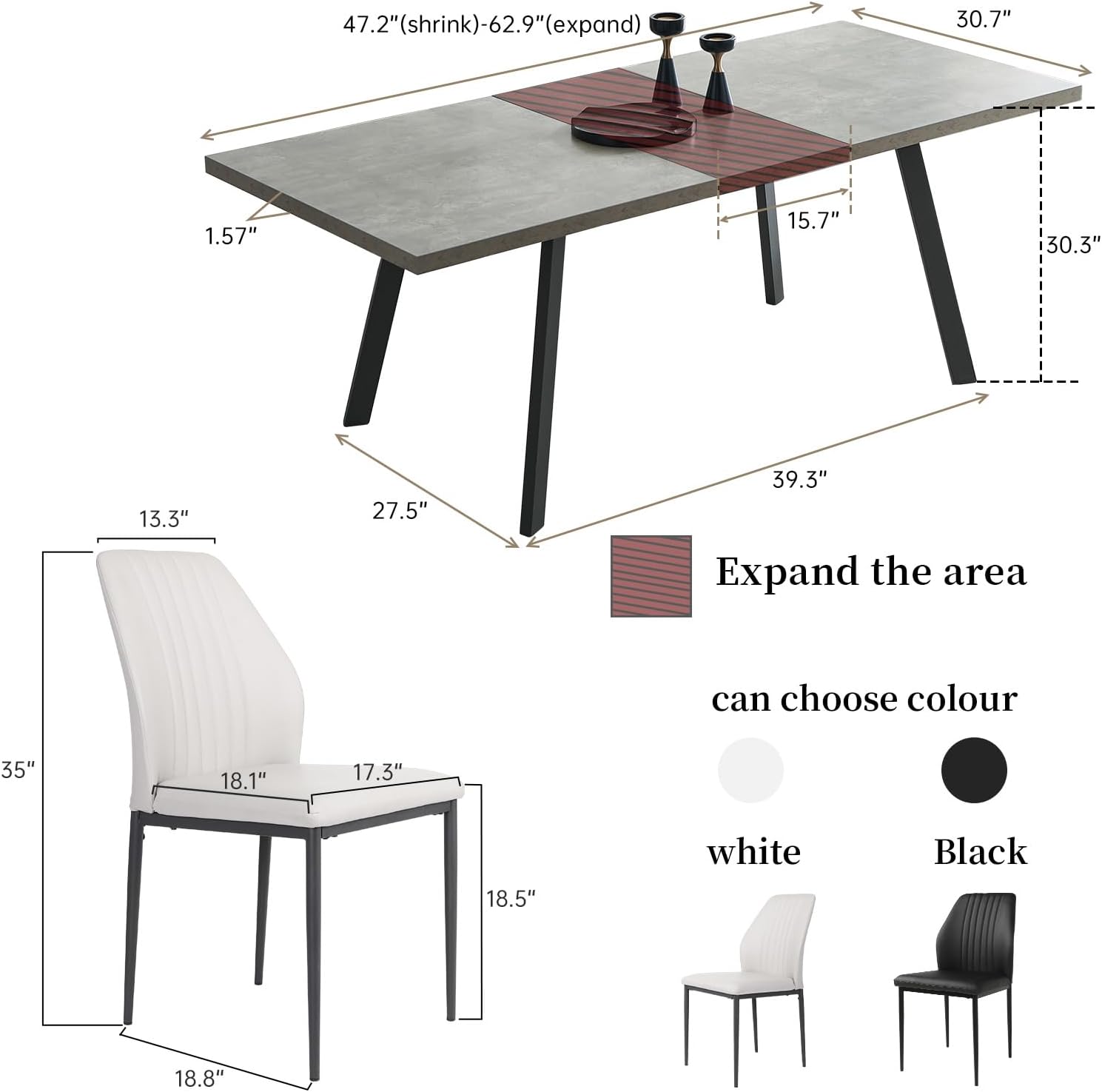 Zerifevni 47.2"- 62.9" Extendable Dining Table Set for 6, Modern Kitchen Table with 6 PU Leather Chairs, Thickened Expandable MDF Wooden Table with Metal Legs for Dining Room, Kitchen, Office