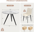 34.6" Round Dining Table Set for 4, Modern Kitchen Coffee Table Set with 4 Upholstered Leather Chairs, MDF Small Space Saving Dining Room Table and Chairs Set (White Table+4 Beige Chairs)