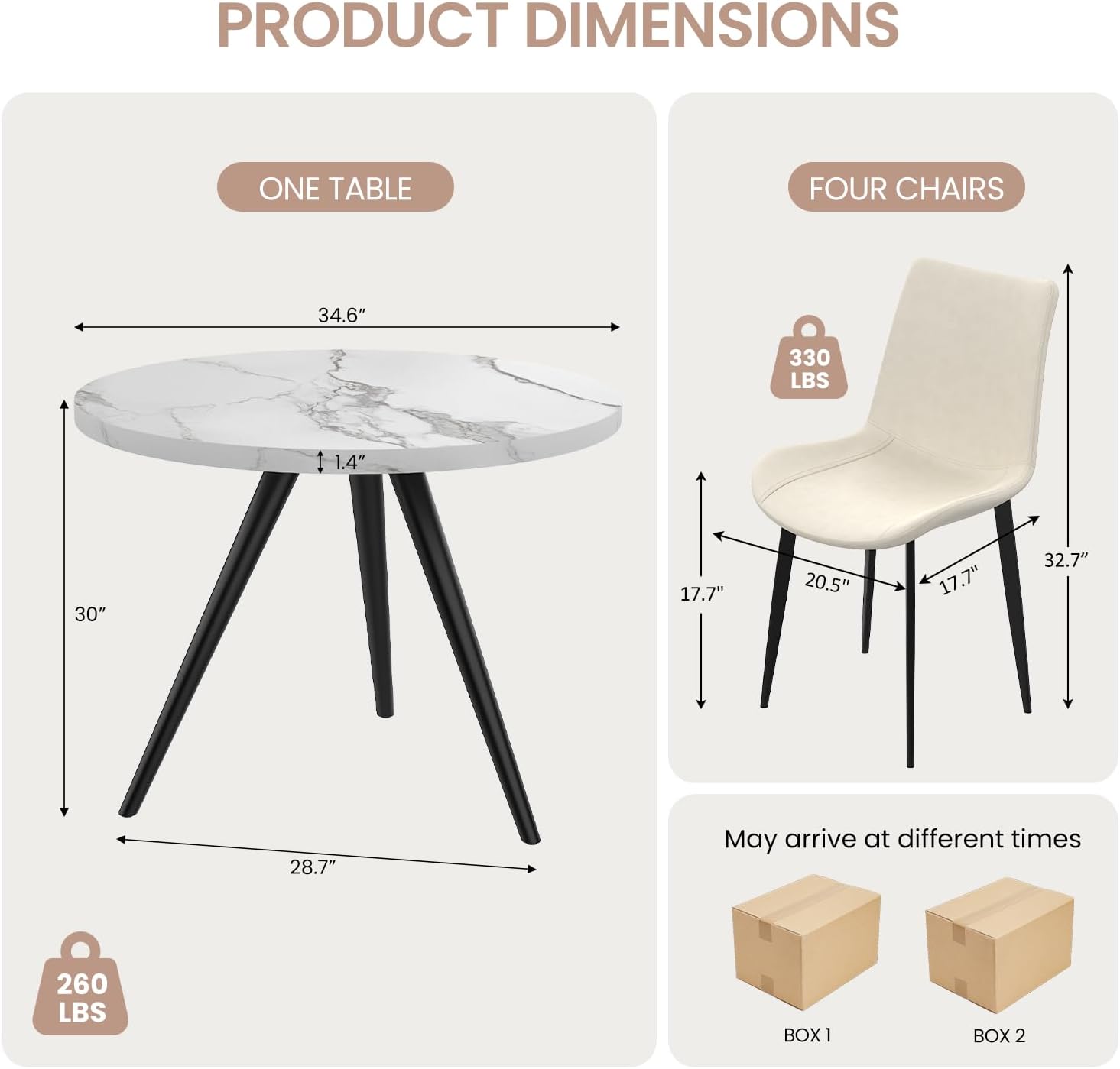 34.6" Round Dining Table Set for 4, Modern Kitchen Coffee Table Set with 4 Upholstered Leather Chairs, MDF Small Space Saving Dining Room Table and Chairs Set (White Table+4 Beige Chairs)