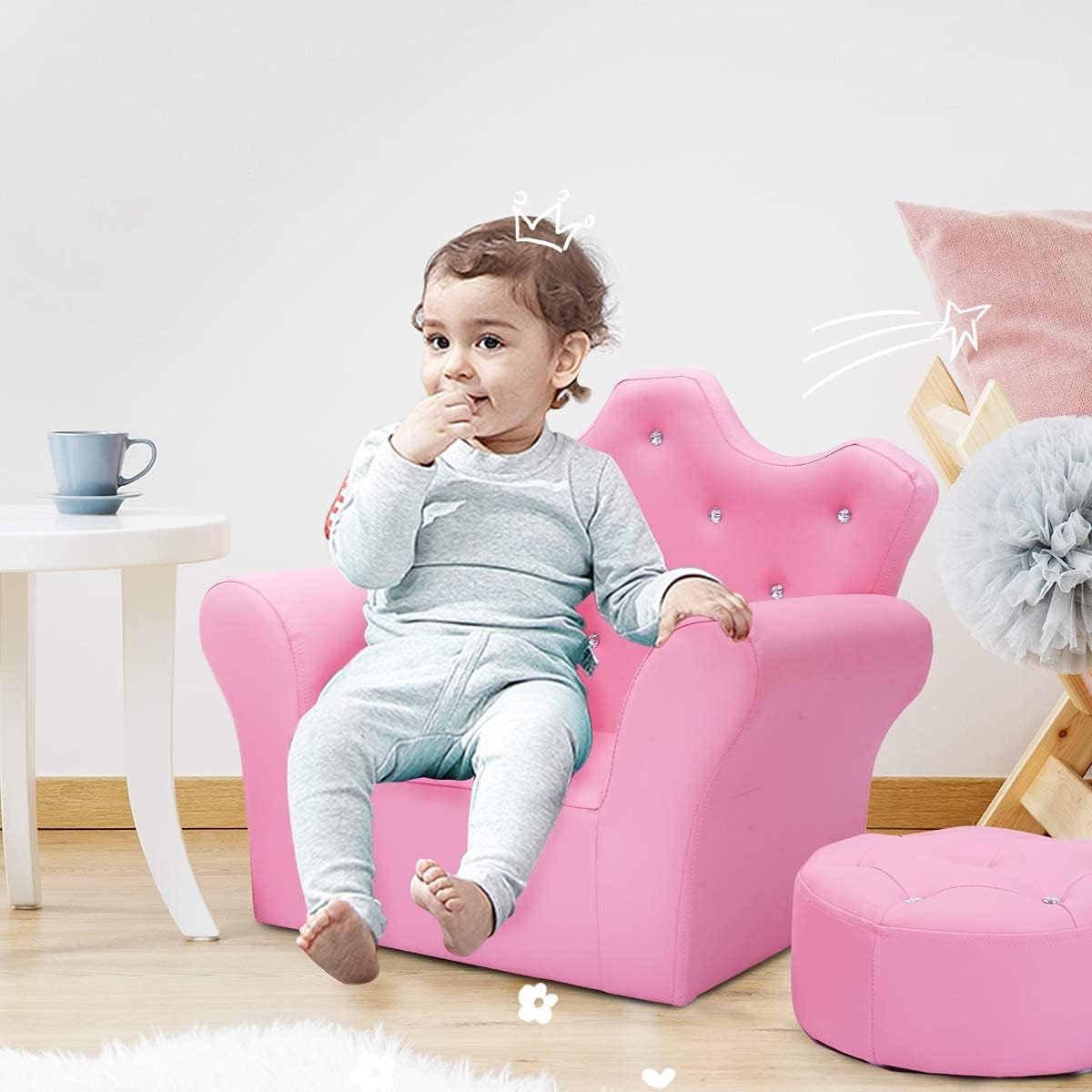 Toddler Chair, Toddler Chairs Comfy, Princess Kids Couch with Ottoman, Toddler Couch with Wooden Frame and PVC Leather, Kids Sofa for Girls and Boys, Ideal for Bedroom, Living Room