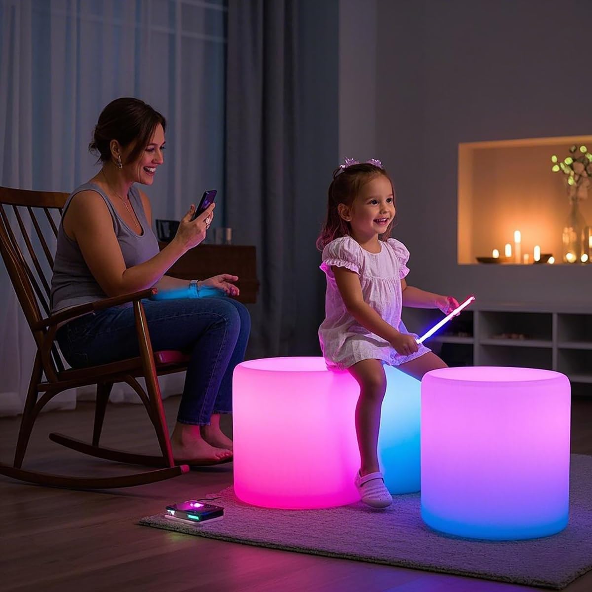 Mr.Go 16-Inch Rechargeable LED Chair Light w/Remote, 16 RGB Colors Changing Glowing Seat, Waterproof LED Cylinder Stool/Side Table for Home Patio, Deck, Pool, Bar & Party Lighting Decor