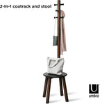 Umbra Pillar Coat Rack with Stool, Freestanding 6 Hooks, Black/Walnut | Rubberwood and metal construction, space-saving vertical design, no tools assembly, holds bags or plants
