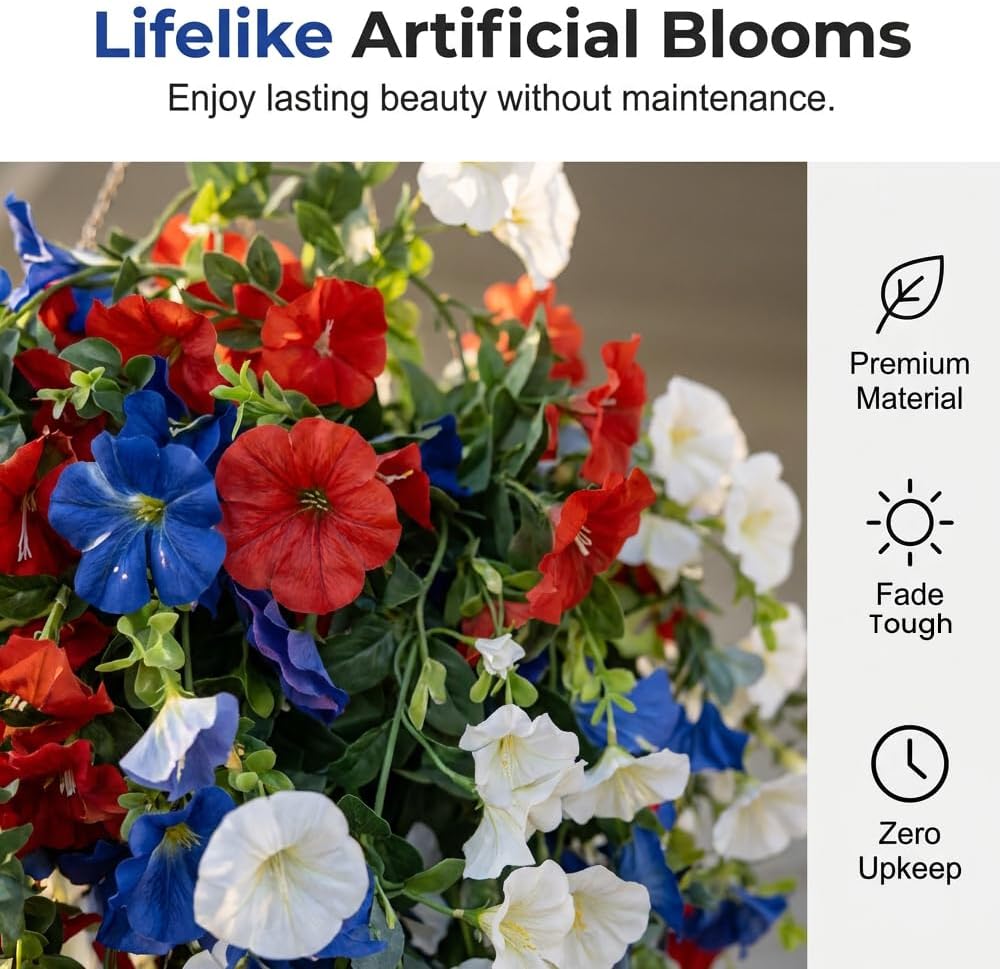 4th of July Decoration Tricolor Patriotic Artificial Flower, Red White and Blue Hanging Flowers for 250th Independence Day Decor, Artificial Hanging Flowers for Window Decorations (LED Flower)