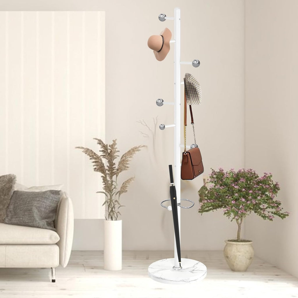 Coat Rack Stand, White Metal Coat Rack Freestanding with 8 Hooks | Coat Rack with Natural Marble Base,Modern Coat Hanger Stand, 3 Adjustable Coat Hall Clothes Tree Stand for Office