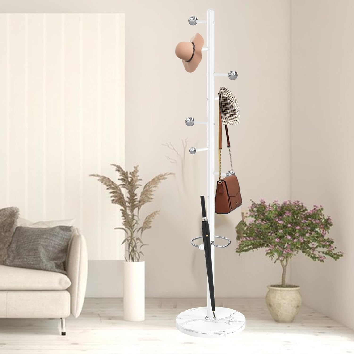 Coat Rack Stand, White Metal Coat Rack Freestanding with 8 Hooks | Coat Rack with Natural Marble Base,Modern Coat Hanger Stand, 3 Adjustable Coat Hall Clothes Tree Stand for Office