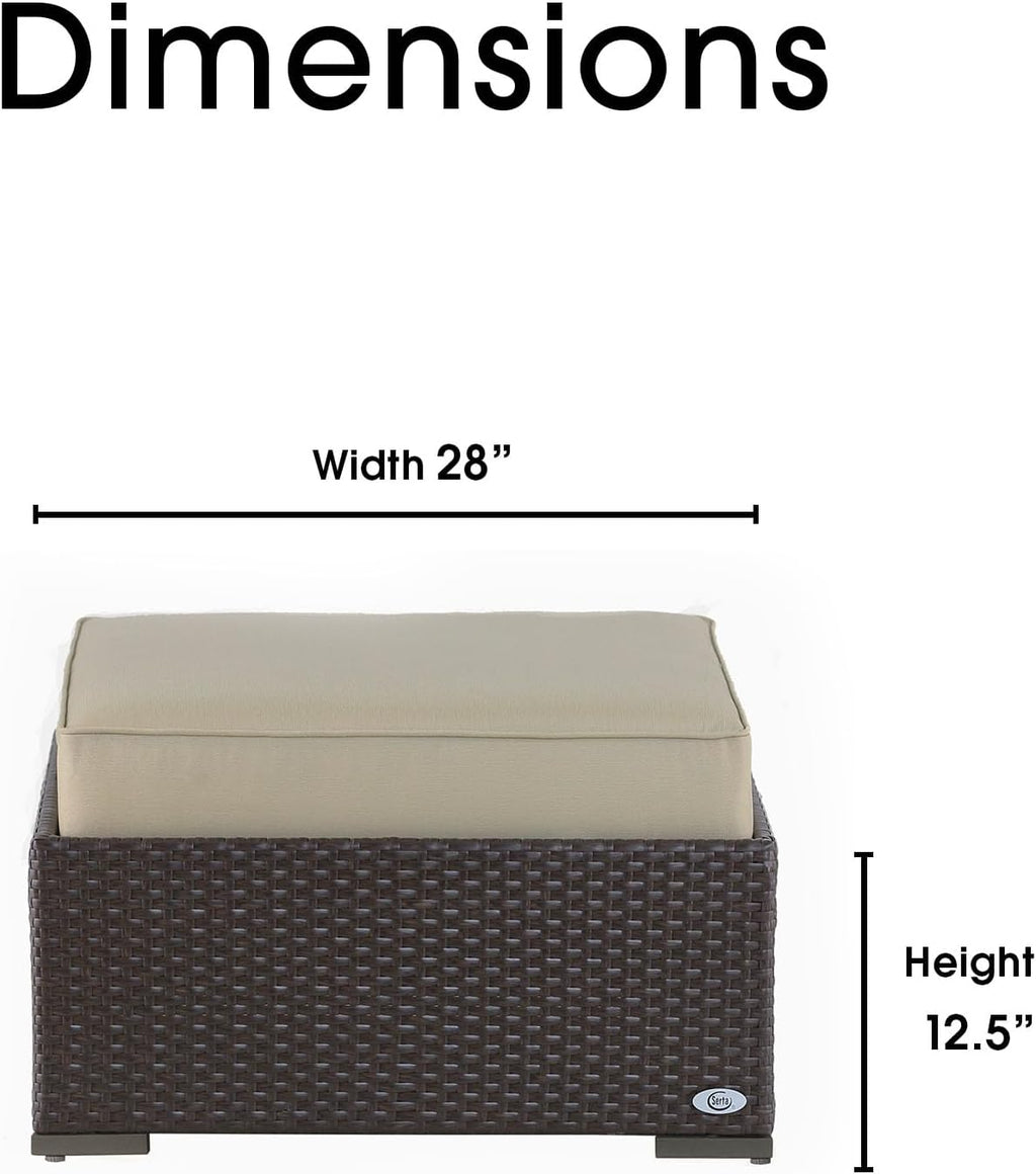 Serta Laguna Brown Wicker Outdoor Patio Ottoman with Beige Cushion for Deck, Porch, Backyard or Patio Seating