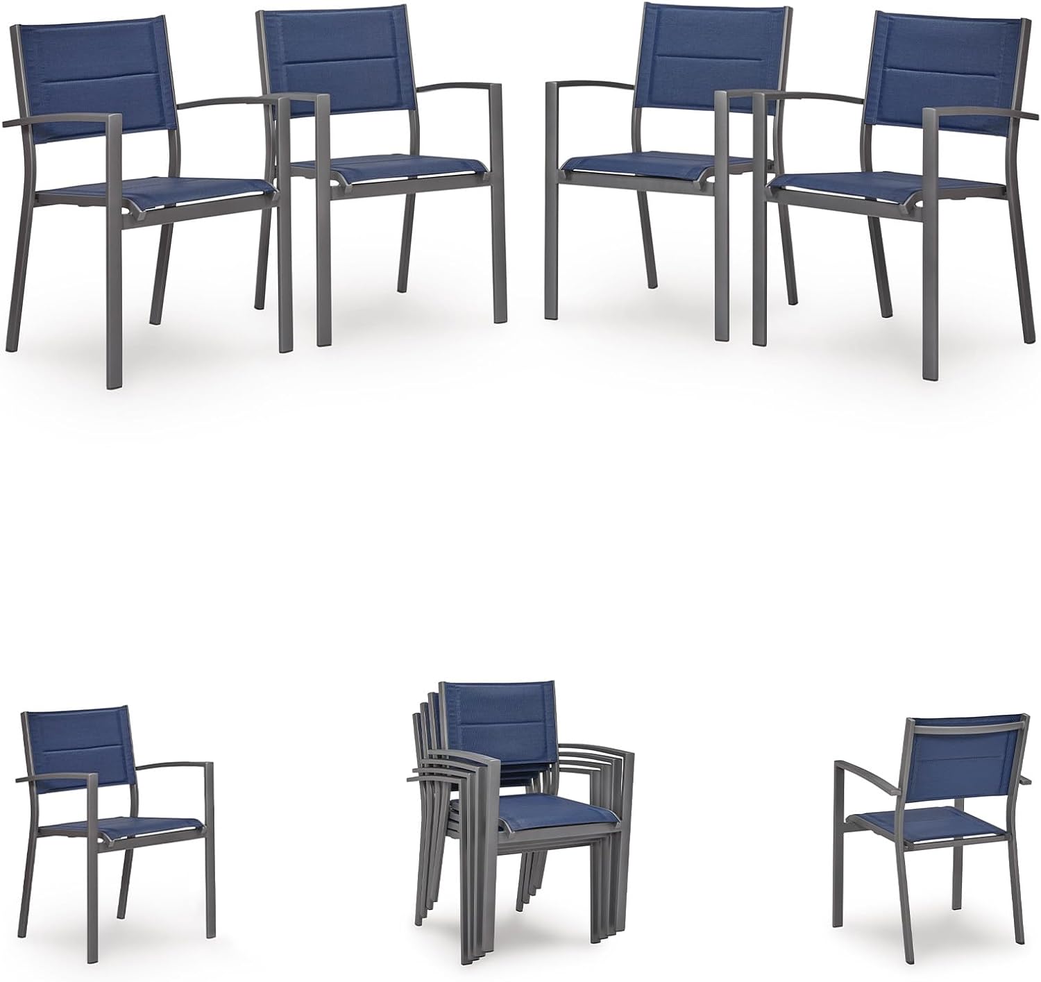 Signature Design by Ashley Point Bonita Set of 4 Outdoor Chairs with Padded Sling Seat, Stackable Aluminum Lounge Chairs for Patio and Porch Seating, Gray Frame with Blue Sling