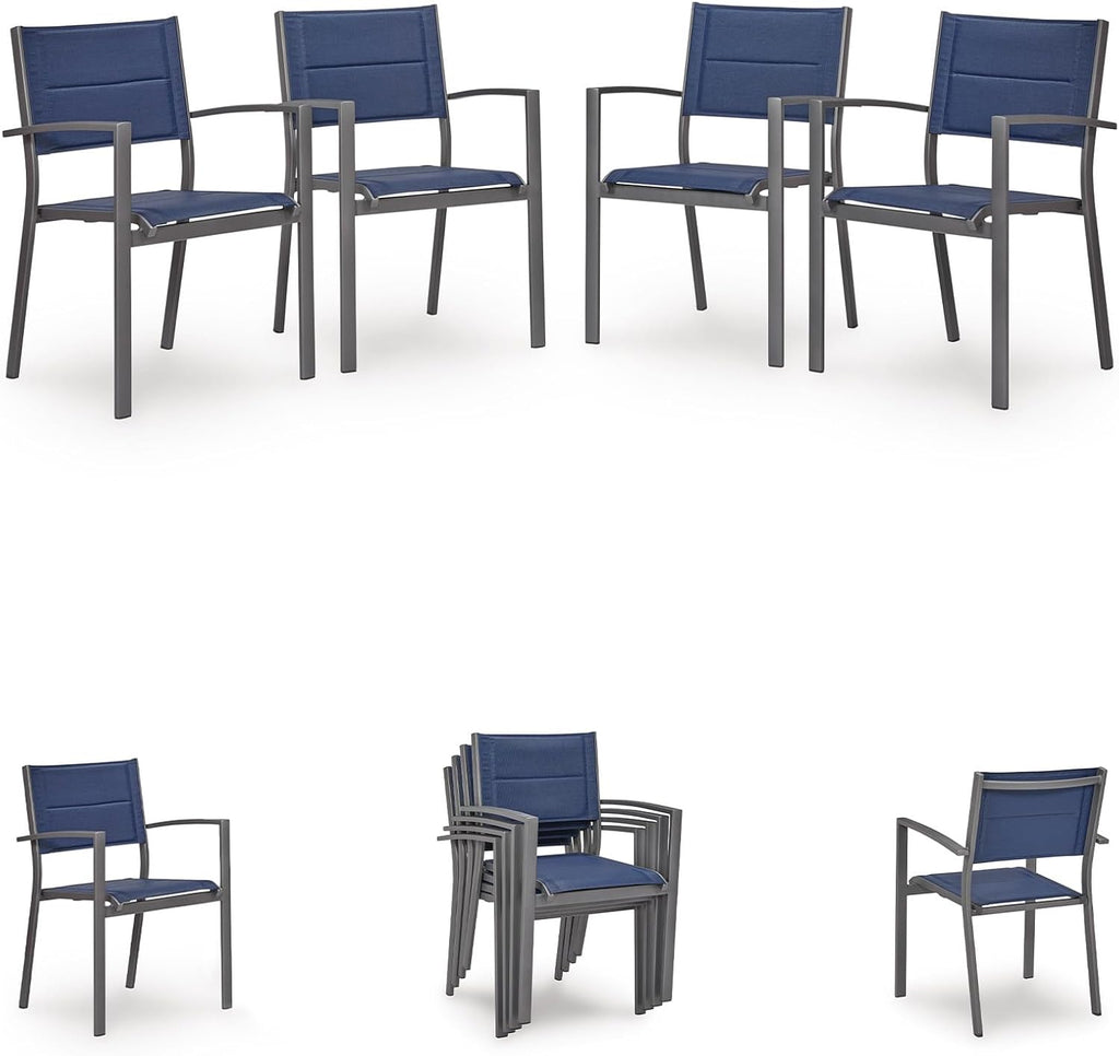 Signature Design By Ashley Point Bonita Swivel Outdoor Chair, 360-Degree Motion, Aluminum Frame with Padded Sling Seat for Patio Or Porch, All-Weather Gray/Blue, Set of 2