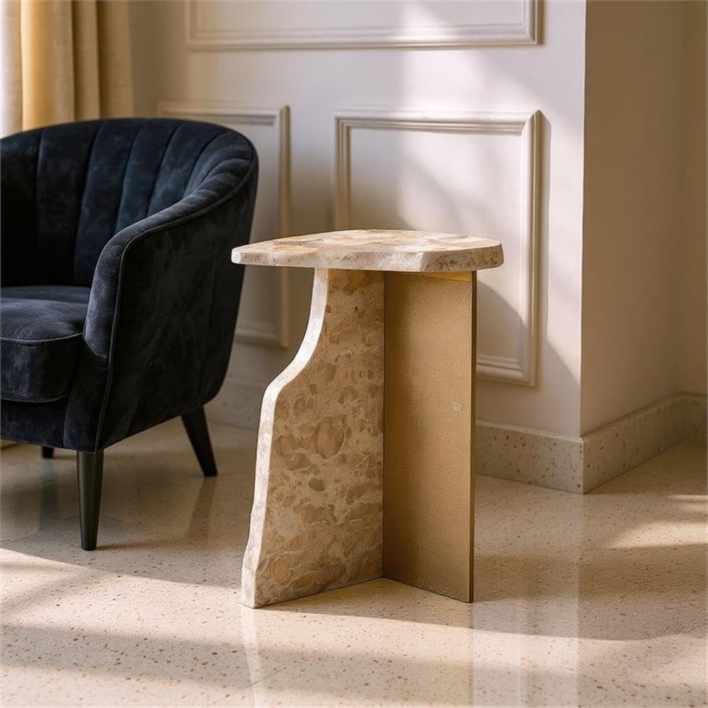Pemberly Row Modern Marble Side Table, Beige Finish, 15.9" W x 11" D x 24" H, Natural Marble and Iron Construction, Rubber Feet, Stylish Living Room or Bedroom Accent Table