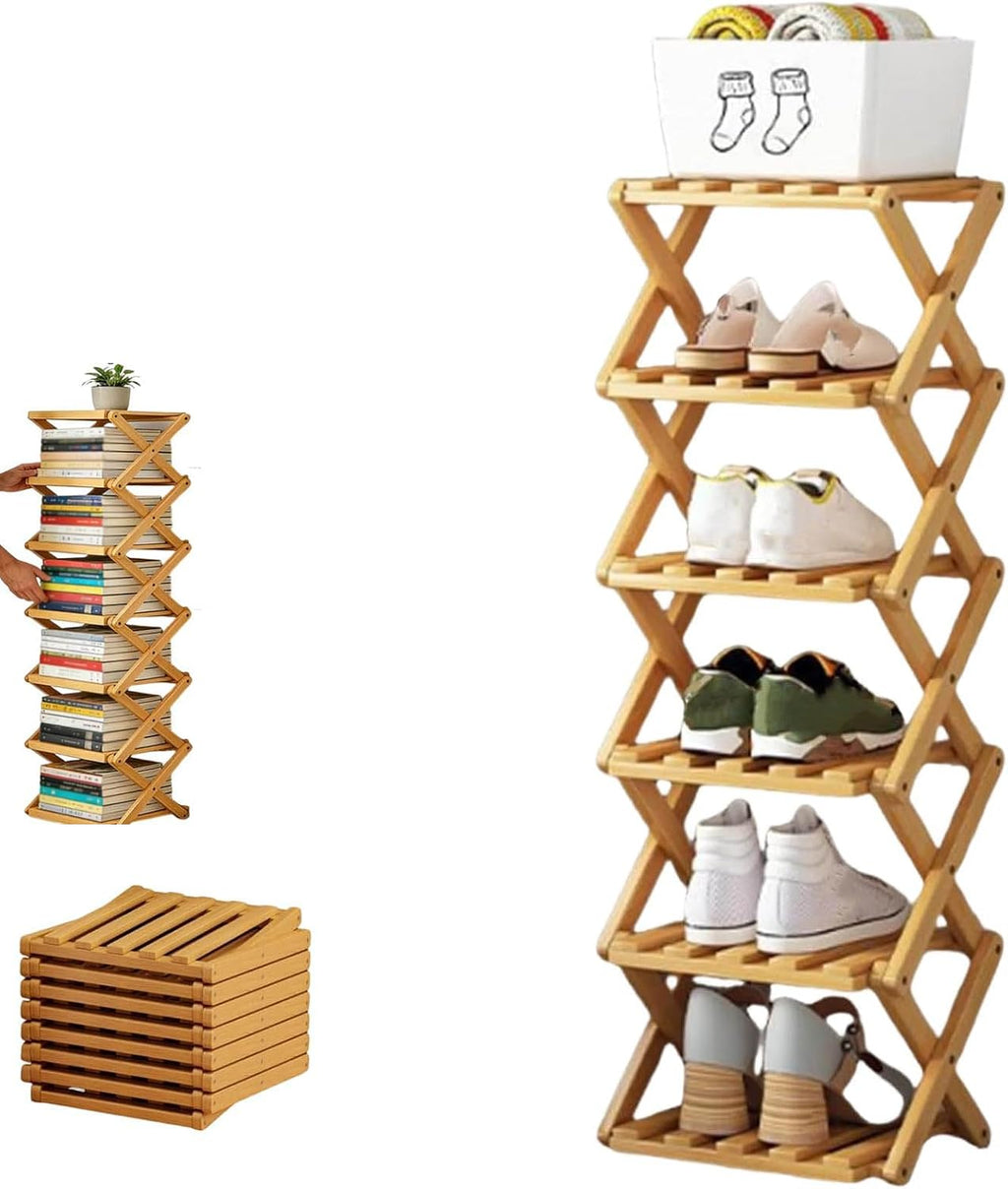The 9-Tier No-Assembly Bamboo Rack, Foldable Accordion Corner Shoe Shelf, Collapsible Vertical Shoe Organizer with 3–9 Tier Options for Entryway,Closet and Small Spaces (Wood, 6 Tier)