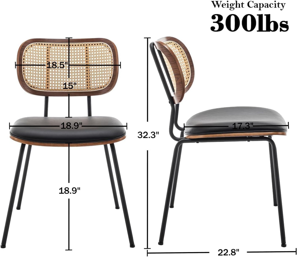 AQG Rattan Dining Chairs Set of 4, Mid Century Modern Dining Chairs, Cane Back Chairs, Cane Back Leather, Kitchen & Dining Room Chairs with Metal Legs (Black-PU, Set of 4-Rattan)