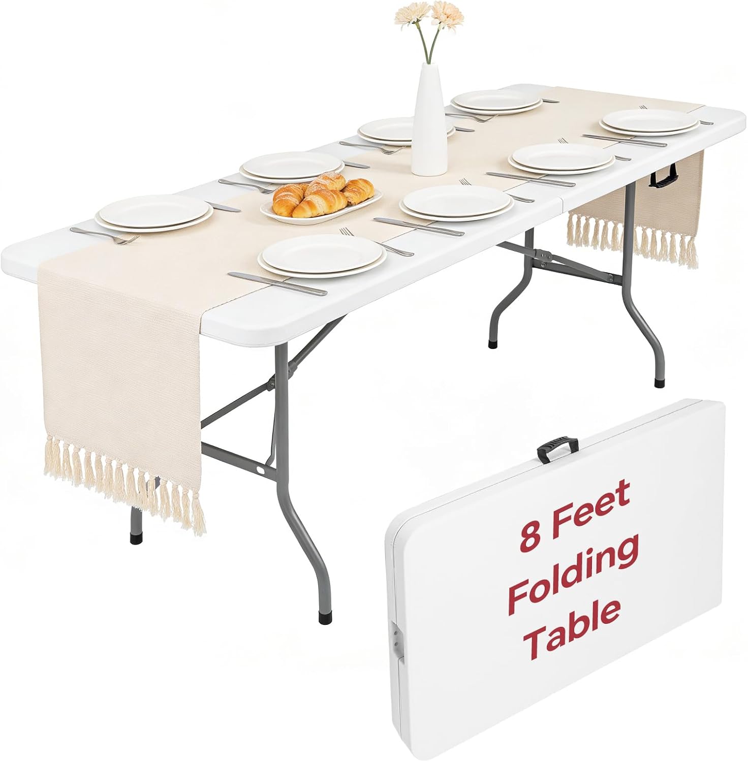 8 Foot Folding Table Portable, 8FT Folding Dining Table for Indoor Outdoor, Heavy Duty Fold-in-Half Plastic Long Large Rectangular Utility Card Tables for Picnic Camping Party, 95x29 inch