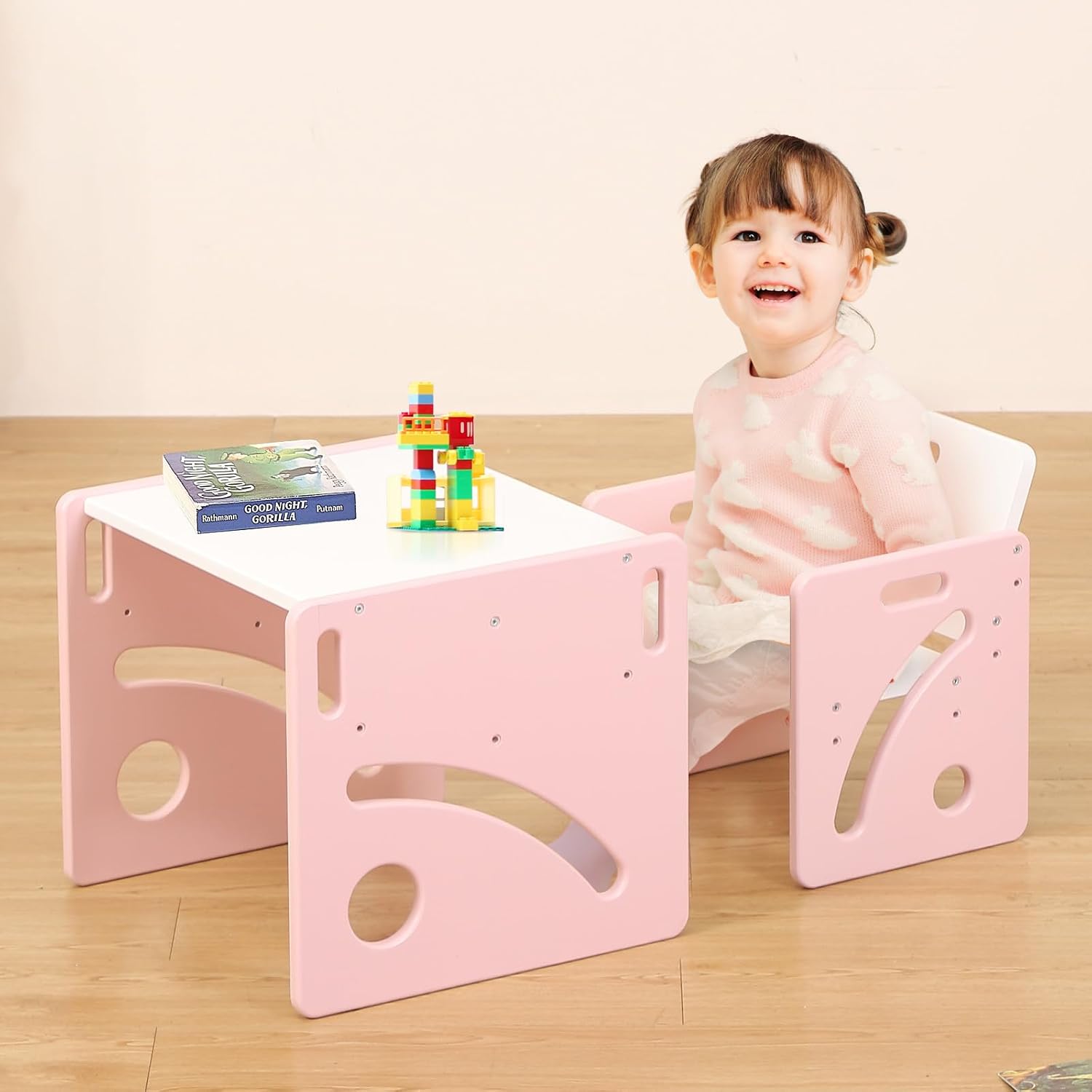 FUNLIO Height Adjustable Toddler Table and Chair Set for Age 1-3, Quality Solid Wood Montessori Table and Chairs, Weaning Baby Table Chair Set, Easy to Assemble, CPC Certified - Pink