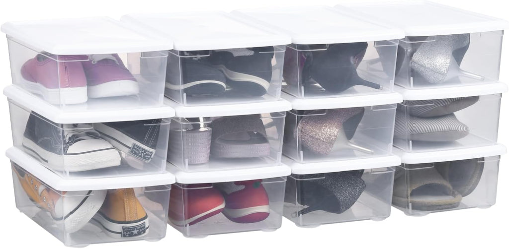 Stackable Plastic Storage Shoebox, BPA-Free Nestable Container with Latching Lid to Organize Shoes, See-Through Box for Home and Office, Multi-Purpose Storage Case, Clear Bins (12 Pack 6 Quart White)