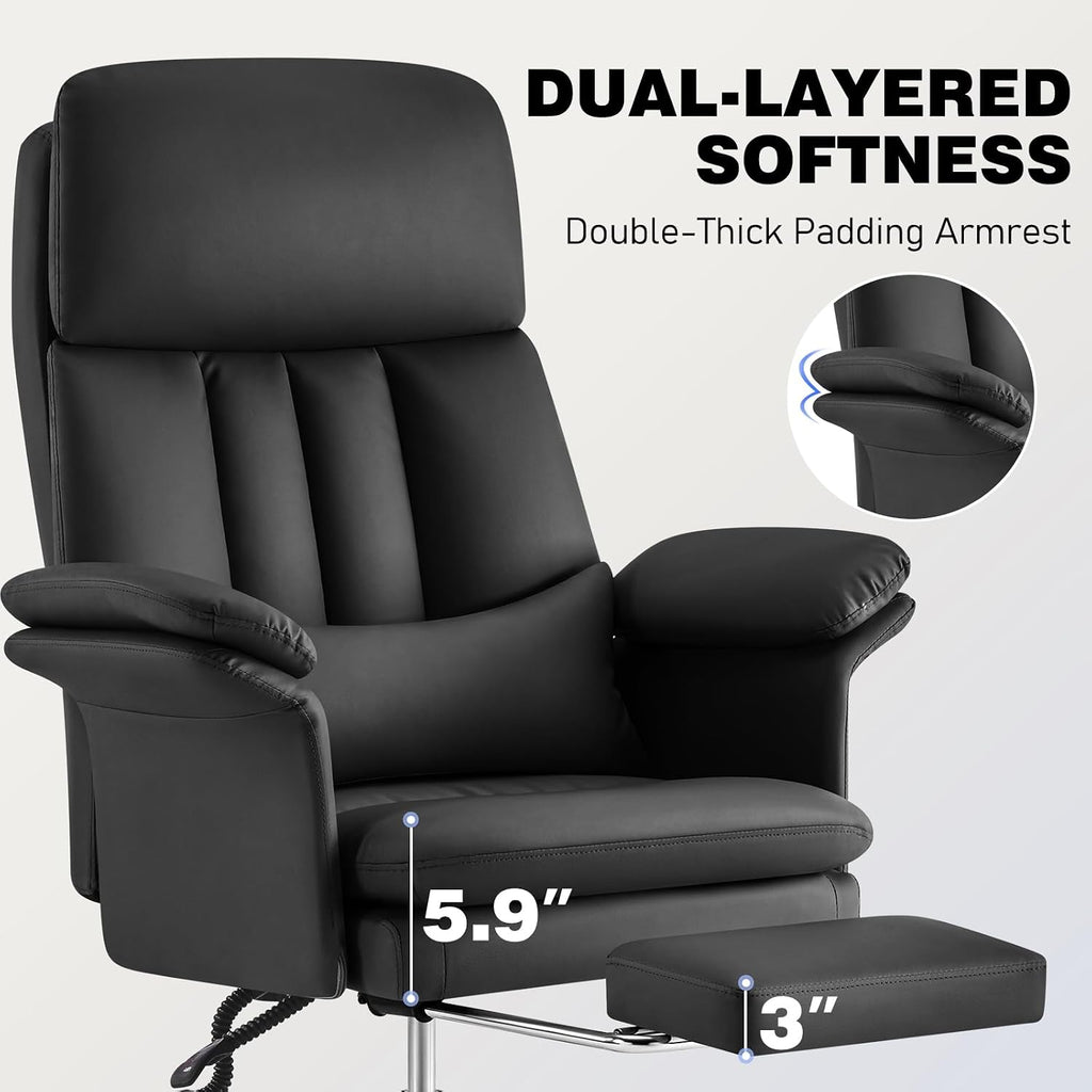 Leather Home Office Chair with Footrest 400lbs, High Back Rolling Desk Chair with Lumbar Support Soft Armrests, Excutive Office Chairs with Wheels Height Adjustable Rocking Swivel Functions,Black