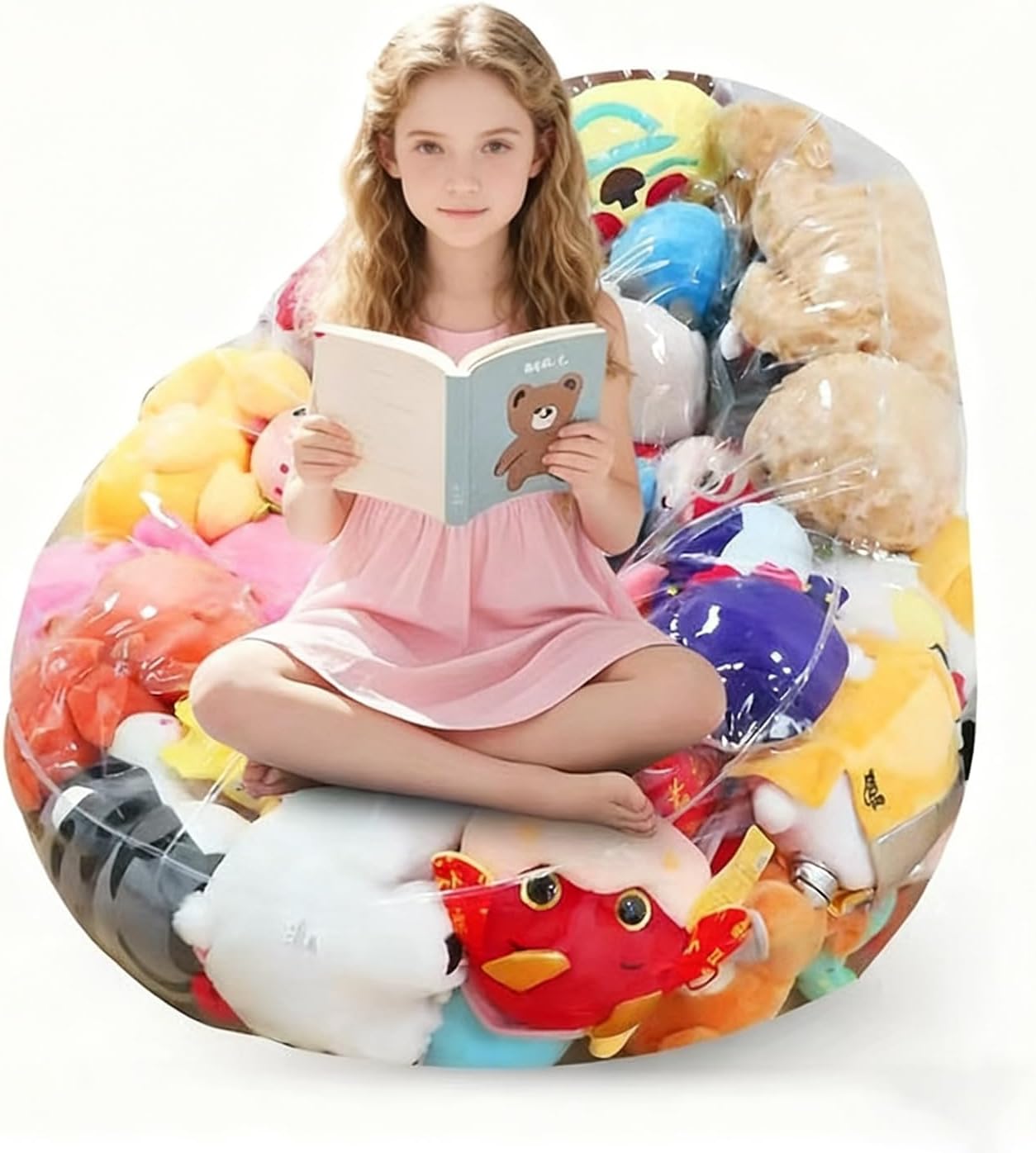 Clear Stuffed Animal Storage Bean Bag Chair for Kids 150L PVC Waterproof Toy Organizer Bean Bag Chair Cover with Zipper, Easy-Clean Plush Toy Holder Seat for Nursery & Playroom (A)