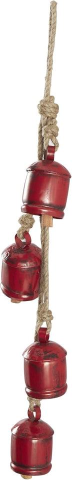 Deco 79 Metal Indoor Outdoor Decorative Cow Bells Tibetan Inspired Cascading Meditation Bell with 4 Bells on Jute Hanging Rope, Cow Bell 3" x 3" x 27", Red