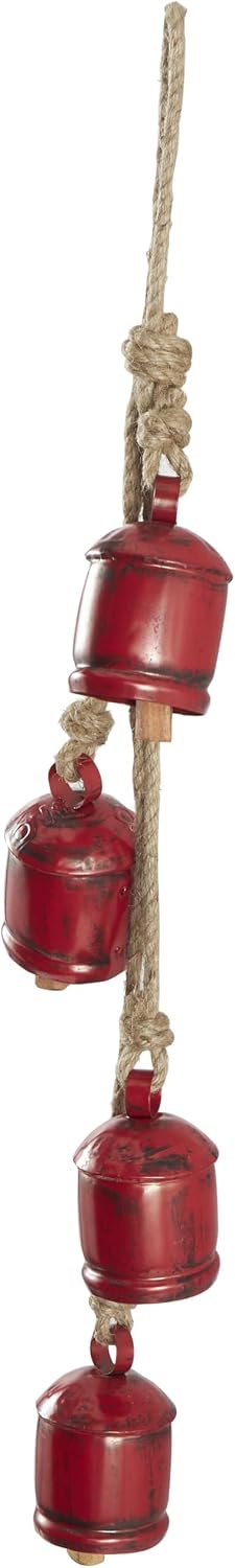 Deco 79 Metal Indoor Outdoor Decorative Cow Bells Tibetan Inspired Cascading Meditation Bell with 4 Bells on Jute Hanging Rope, Cow Bell 3" x 3" x 27", Red