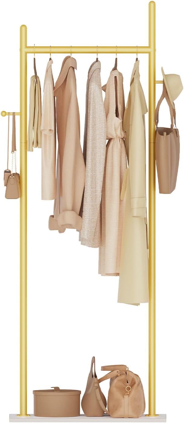 Coat Rack Freestanding, Clothes Rail, 19.7x11.8x68.9 In, Gold | Modern Garment Rack with 2 Hooks and Heavy Rock Slab Base, Industrial Metal Clothing Hanger Stand for Entryway, Living Room