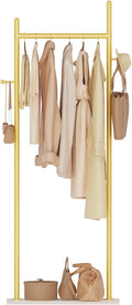 Coat Rack Freestanding, Clothes Rail, 19.7x11.8x68.9 In, Gold | Modern Garment Rack with 2 Hooks and Heavy Rock Slab Base, Industrial Metal Clothing Hanger Stand for Entryway, Living Room