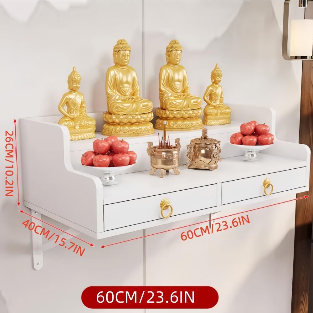 Wall Mounted Buddha Altar Shelf with Retractable Pull Board Small Statues Shrine Altar Table Meditation Altar Table Handmade Tiered Puja Shrine with Storage Buddhist Meditation Alte White 60CM/23.6IN