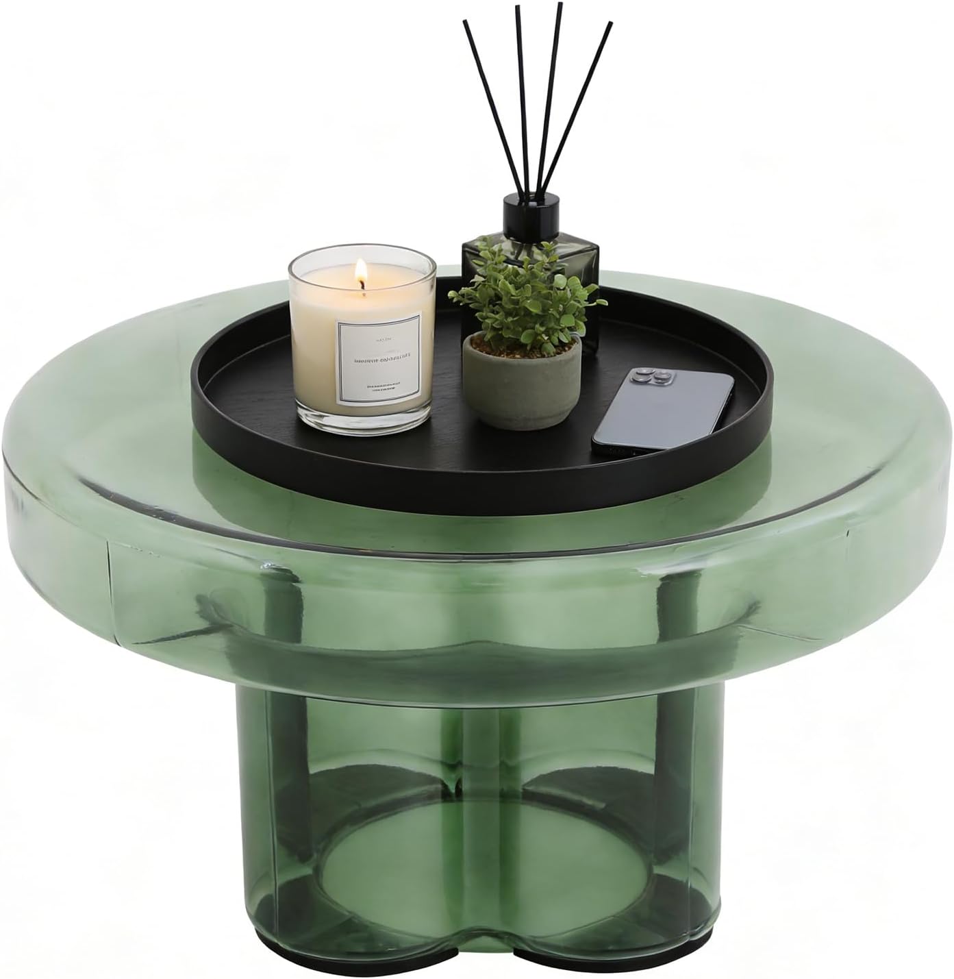 Coffee Table, Round Glass Side Table with Unique Petal Design Pedestal, Simple Center Tables, Modern End Tables with Tempered Glass-Base and Top for Small Spaces
