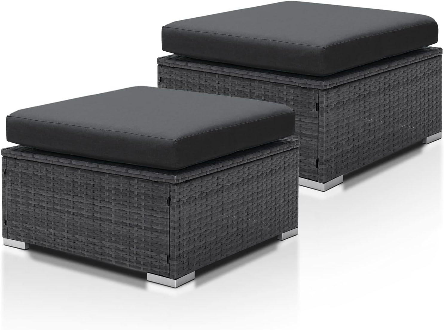 NICESOUL Modern Luxury All-Weather Outdoor Wicker Ottoman Set of 2, 500 Lbs Alloy Steel Frame Footrest, Comfortable Wide Deep Seat 2-Piece Rattan Foot Stool with Padded Cushion for Patio, Dark Gray