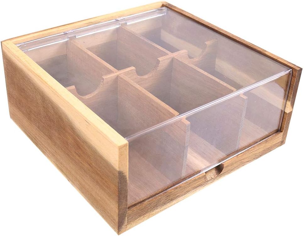 HTB Acacia Wood Tea Bag Organizer Storage Box with 6 Compartments | Tea Chest Box with Clear Acrylic Transparent Hinged Lid,Tea Bag Holder for Kitchen,Office,Bar,Coffee Station