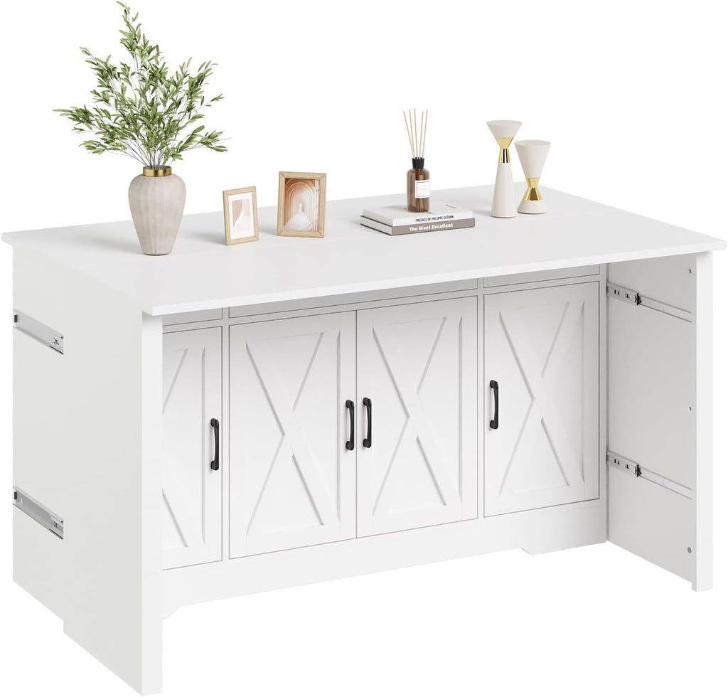 Yanosaku 55" Extendable Buffet Cabinet, Modern Farmhouse Kitchen Sideboard with 3 Drawers & Adjustable Shelves, Space-Saving Storage Credenza for Apartment, Small Spaces, Living Room, White