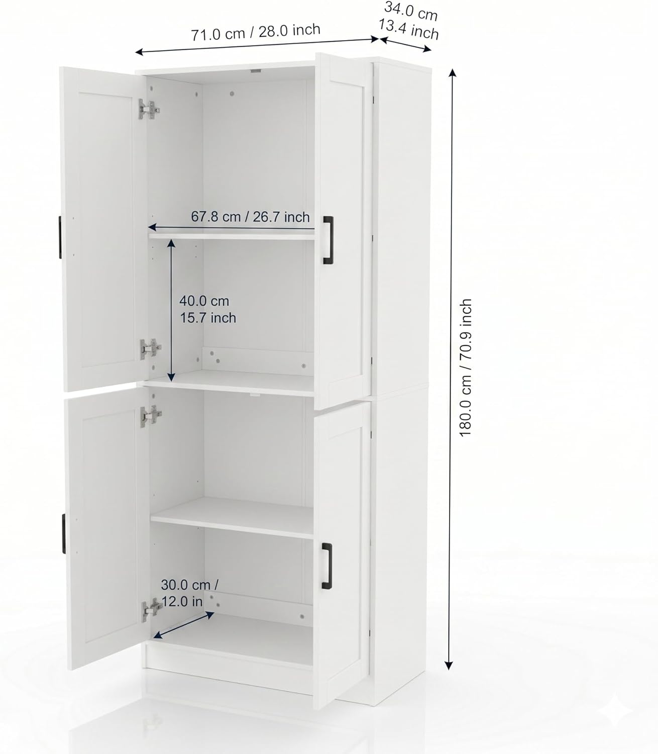 DIYART 71" Tall Kitchen Pantry Cabinet, Freestanding Food Storage Organizer with Doors & Adjustable Shelves, Large Utility Hutch Cupboard for Dining Room, Kitchen & Home Office, White