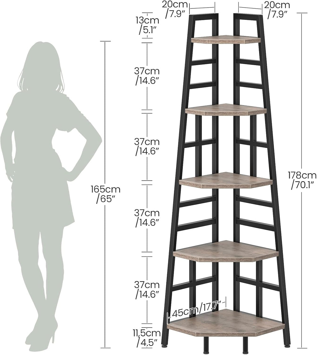 CHOEZON 70.1-Inch 5-Tier Tall Corner Shelf, Narrow Bookshelf for Small Spaces, Industrial Bookcase Display Stand for Living Room, Bedroom, Office, Greige TCJ25BG