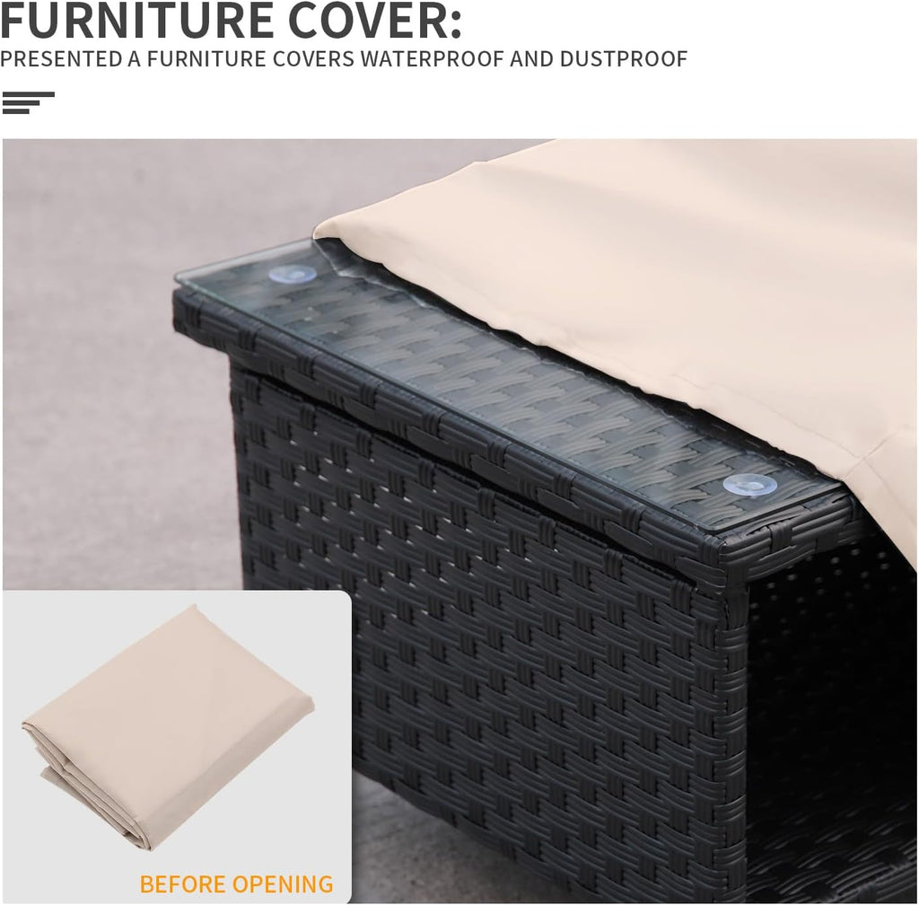Outdoor Wicker Coffee Table Patio Furniture Garden Rattan 2-Layer Glass Table with Storage and Furniture Cover, Black