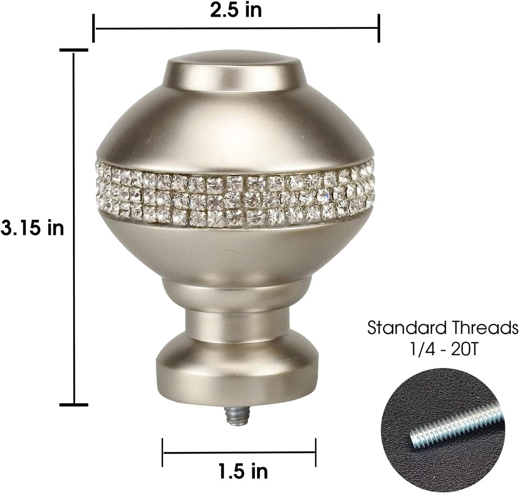 Decorative Curtain Rod Finials Luxury Rhinestones Silver Round Finials, Set of 2, Compatible with 1'' or 1-1/8'' dia curtain rod, Standalone finial pair, Silver