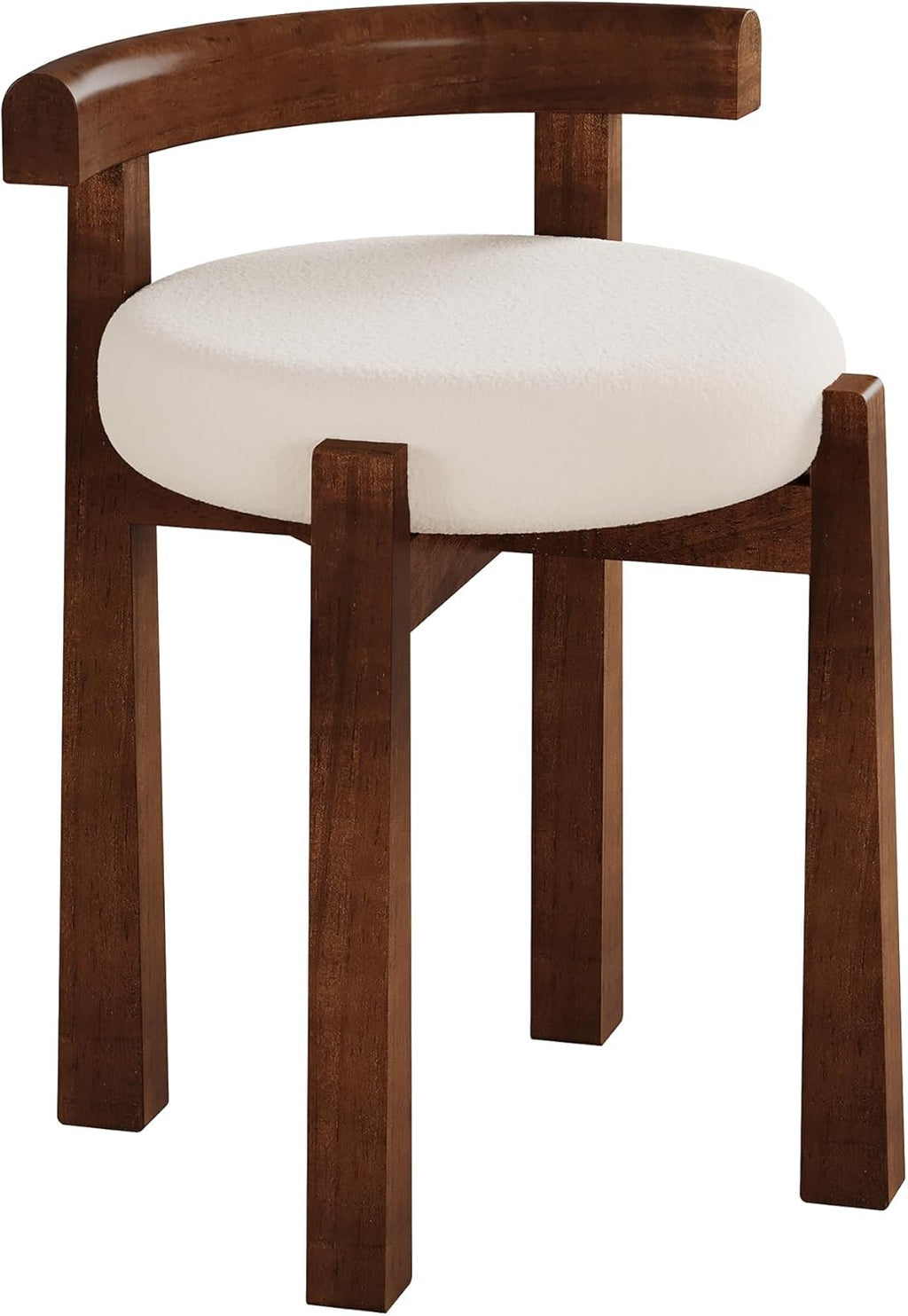 Wood Vanity Stool with Faux Wool Cushion, Upholstered Makeup Chair with Solid Wood Frame, Round Vanity Ottoman Seat for Makeup, Bedroom, Living Room, 20-Minute Assembly (Only Stool)