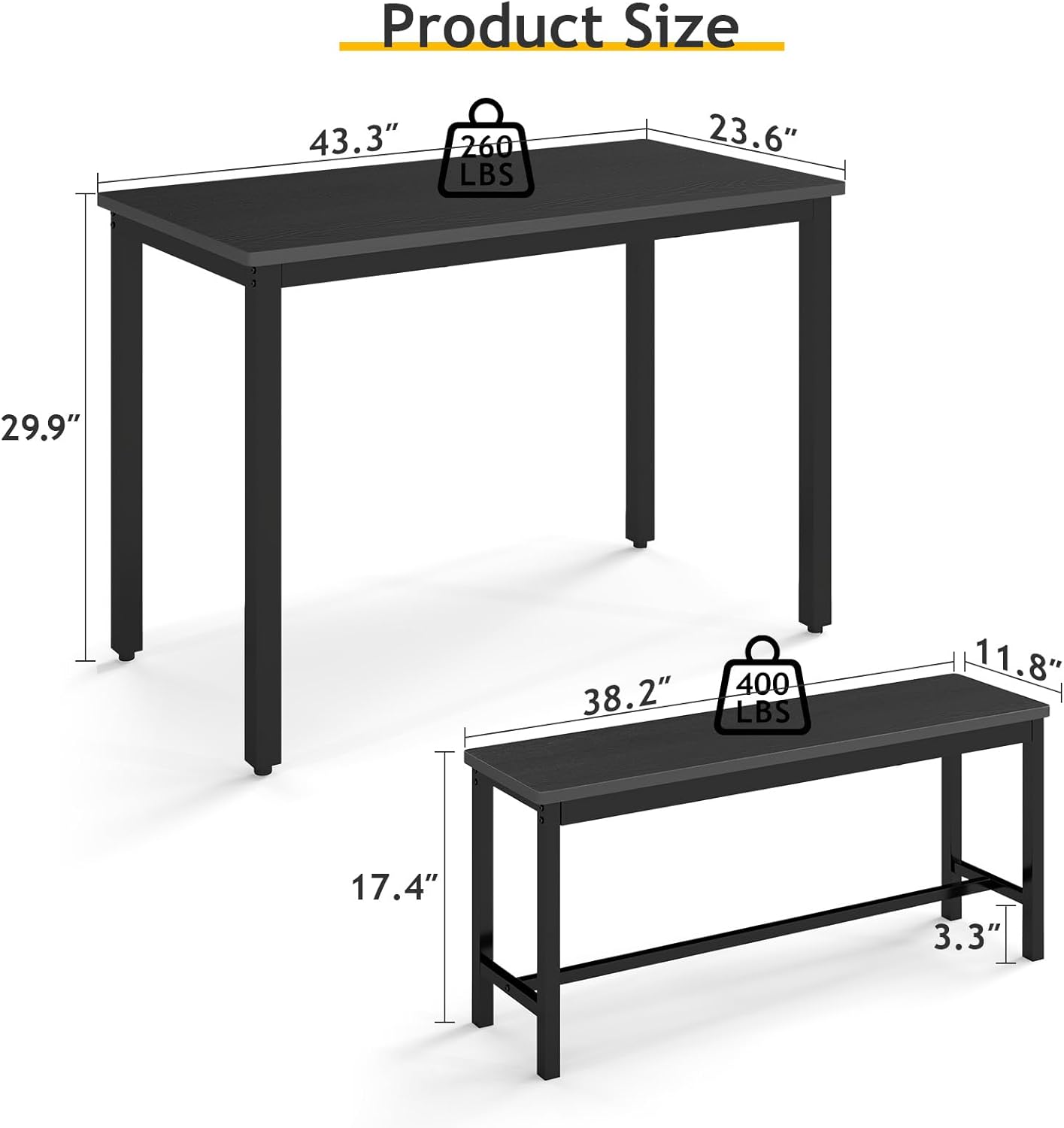 Rovibek 43" Dining Room Table Chairs Set for 4, Modern Space Saving Kitchen Table with 2 Benches & Adjustable Feet Breakfast Table, Wooden Industrial Style Farmhouse, Jet Black