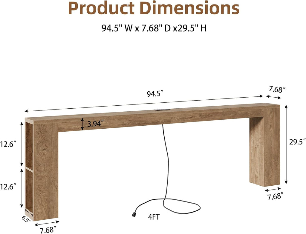 Epecoya 94.5-Inch Extra Long Console Table with USB Outlet & Storage, Narrow Sofa Behind Couch Table with Charging Station, Farmhouse Wood Entryway Table for Hallway Foyer Living Room, Oak Brown