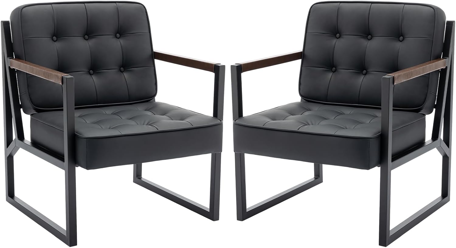 MALOL Mid Century Modern Accent Chair Set of 2, Comfy Living Room Chair, Black Leather Accent Chair, Faux Leather Reception Armchair with Metal Legs for Living Room Bedroom Reception Office, Black