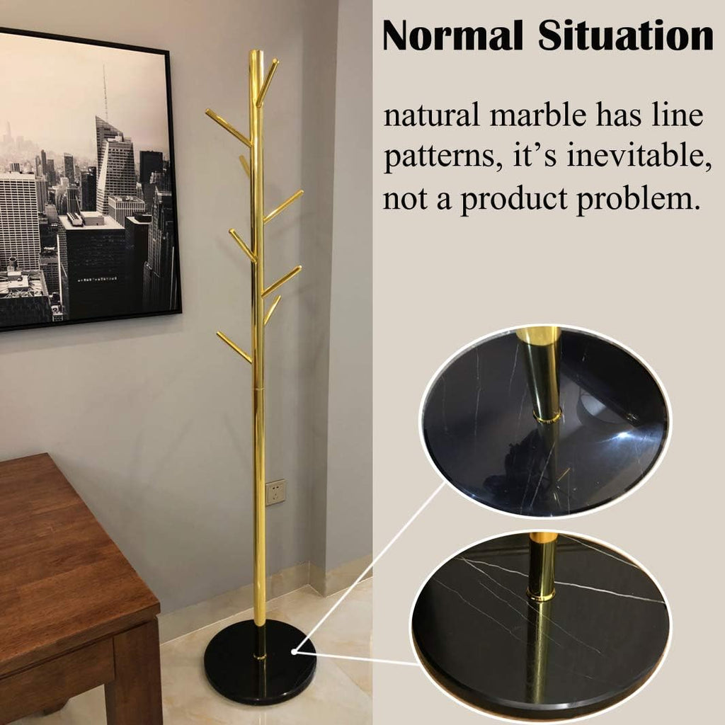 Jolitac Metal Coat Rack Stand Golden Satin Steel Finish Stable Marble Base, High-Grade with Hooks Metal Tree Hat & Coat Hanger Floor Free Standing Wall Bedroom Easy Assembly (Golden)
