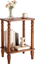 Solid Wood End Table with Storage Shelf, 2-Tier Small Side Table with Vintage Spindle Legs, Narrow Nightstand for Living Room, Bedroom & Small Spaces, Easy Assembly (Brown)