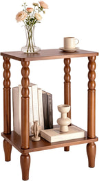 Solid Wood End Table with Storage Shelf, 2-Tier Small Side Table with Vintage Spindle Legs, Narrow Nightstand for Living Room, Bedroom & Small Spaces, Easy Assembly (Brown)