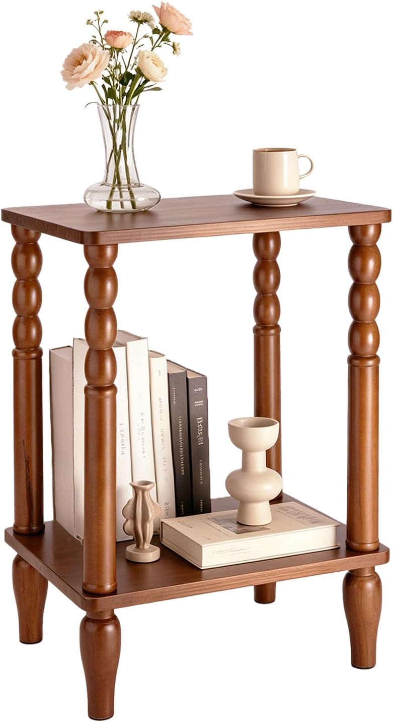 Solid Wood End Table with Storage Shelf, 2-Tier Small Side Table with Vintage Spindle Legs, Narrow Nightstand for Living Room, Bedroom & Small Spaces, Easy Assembly (Brown)