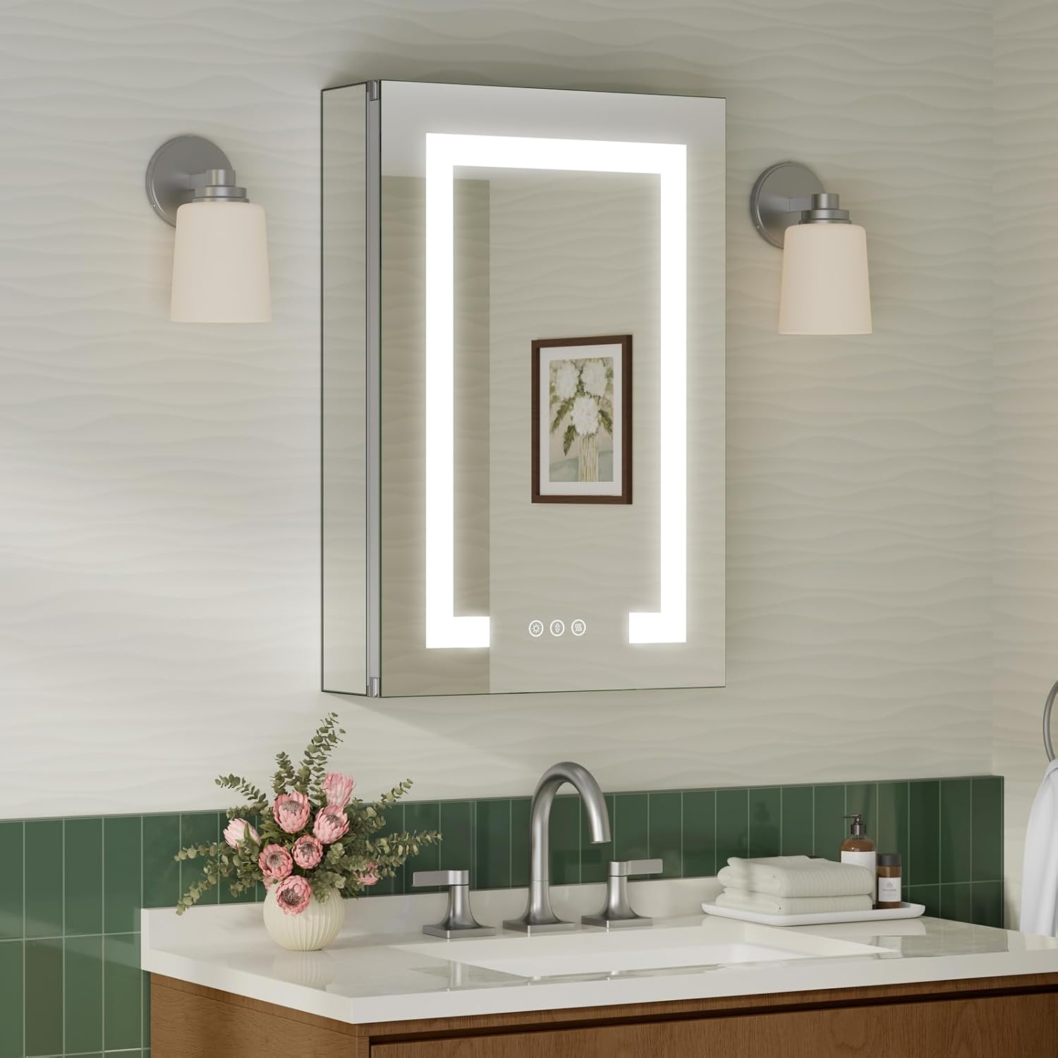 Medicine Cabinet with Lights, 16x24 inch, Only Hardwired, Anti-Fog/3 Colors/Dimmable, AL Alloy, 2 Outlets & USBs, ETL Listed, Wall Mount or Recessed Lighted Medicine Cabinet, Left Hinge