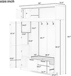 VilroCaz Versatile Wide Hall Tree with Storage Cabinet, Adjustable Side Shelves, Doors and 4 Hooks, Brown Wood Grain Shoe Bench with 2 Drawers, Entryway Coat Rack for Living Room Hallway (White-3.19)