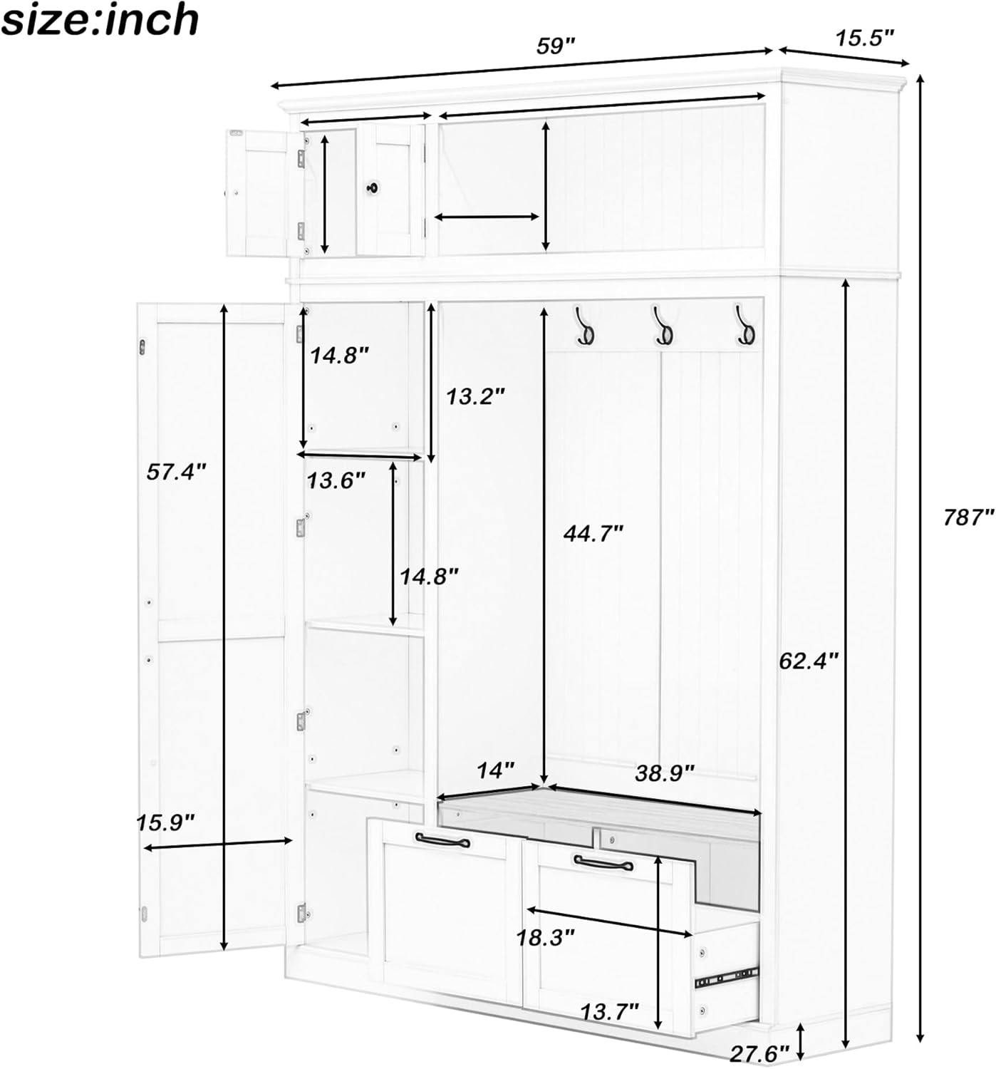 VilroCaz Versatile Wide Hall Tree with Storage Cabinet, Adjustable Side Shelves, Doors and 4 Hooks, Brown Wood Grain Shoe Bench with 2 Drawers, Entryway Coat Rack for Living Room Hallway (White-3.19)