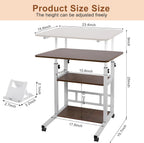 Portable Rolling Desk on Wheels with Adjustable Height, Compact Laptop & Small Computer Desk for Bedroom, Home Office with Storage Shelves and Phone Holder (Walnut)