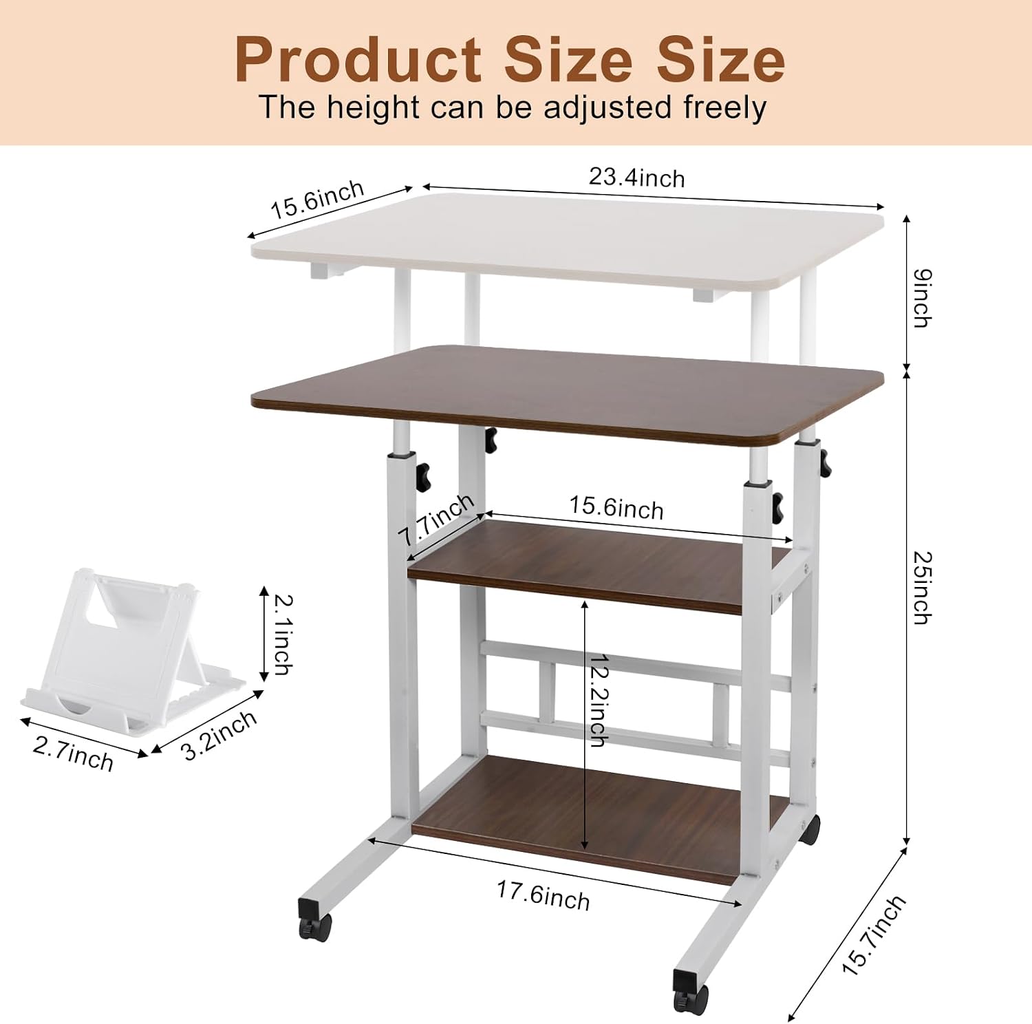 Portable Rolling Desk on Wheels with Adjustable Height, Compact Laptop & Small Computer Desk for Bedroom, Home Office with Storage Shelves and Phone Holder (Walnut)