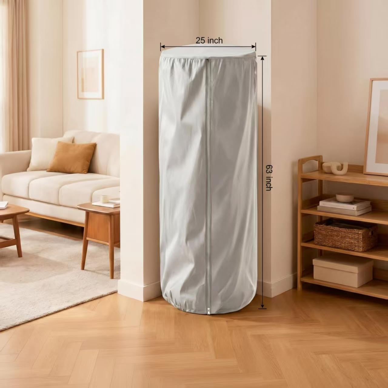 Rotating Shoe Rack Tower Cover, 420D Heavy Duty Oxford Fabric, Waterproof, Grey, 25" Dia x 63" H, with Side Zippers, for Walk-in Closet