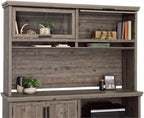 Pemberly Row Modern Engineered Wood Hutch, Pebble Pine/Brown Finish, 41.3 in H x 65.1 in W x 15.1 in D, Safety-Tempered Glass Doors, Storage Cubbyholes, Compatible with Credenza or L-Shaped Desk