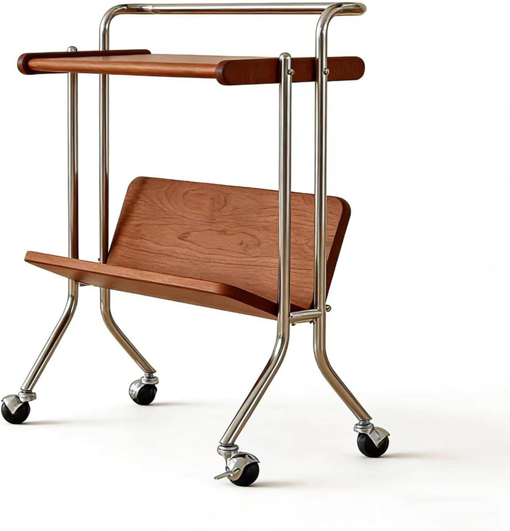 Retro Rolling Side Table, Solid Wood Movable Cart with Storage Shelf, Versatile End Table for Sofa, Bedside, or Living Room (Vintage)