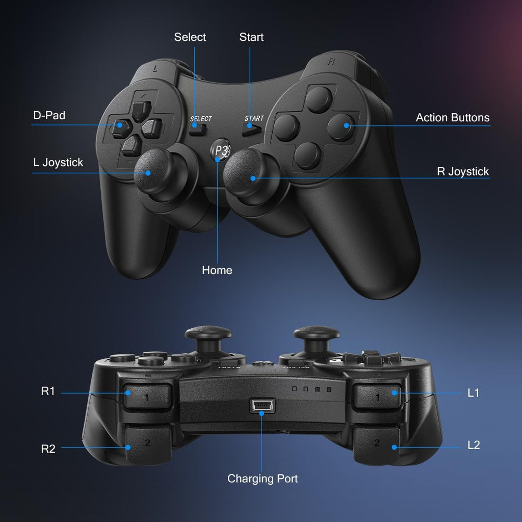 Yinjie 2 Pack Wireless Controller for PS3, Compatible with Playstation 3, with 2 Charging Cables (black)
